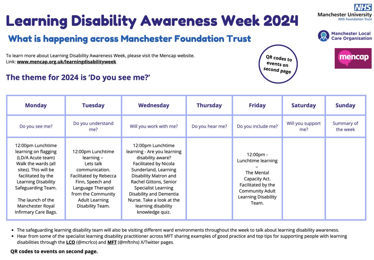 mcrlco's tweet image. 📢 LCO Staff! 

Check our Learning Disability Awareness Week Calendar below and scan the QR codes on the second image to join any of the sessions 🙌

#LDWeek
#LearningDisabilityWeek2024 

#WeAreCommunity