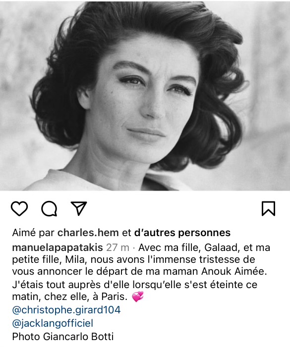 JFGuyot's tweet image. #Décès d’Anouk #AIMÉE: le message Instagram de sa fille