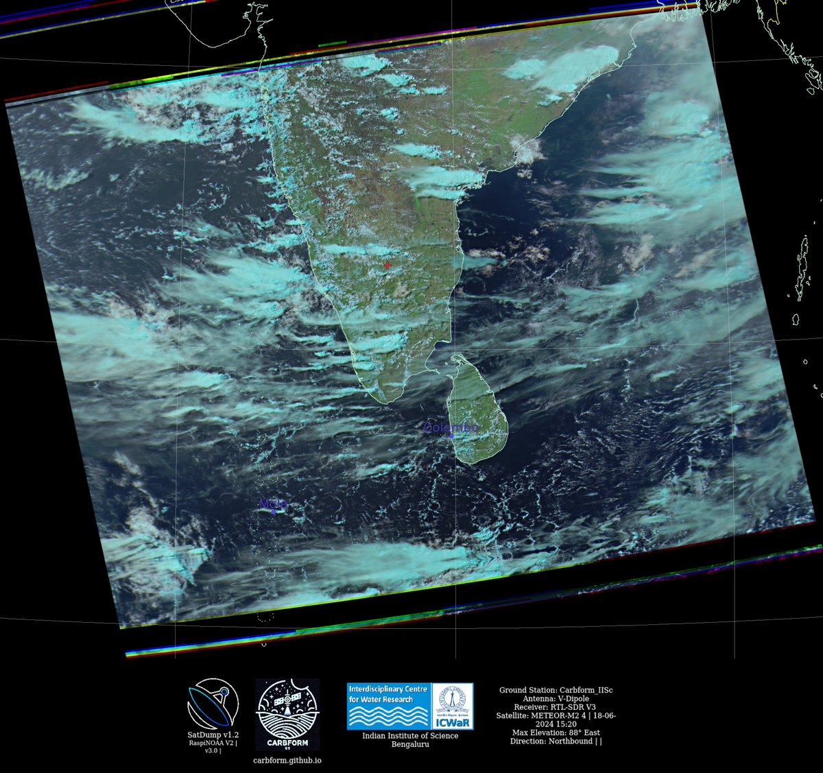 csarat's tweet photo. #MeteorM2_4 #LRPT 18 June 2024,  321 composite using #SatDump. Scattered clouds over South India.  #Weather #monsoon #satellite #India #METEOR #NOAA18 #NOAA19 #NOAA15; QTH: #IISc #Bengaluru https://t.co/AGhWTv1f0y