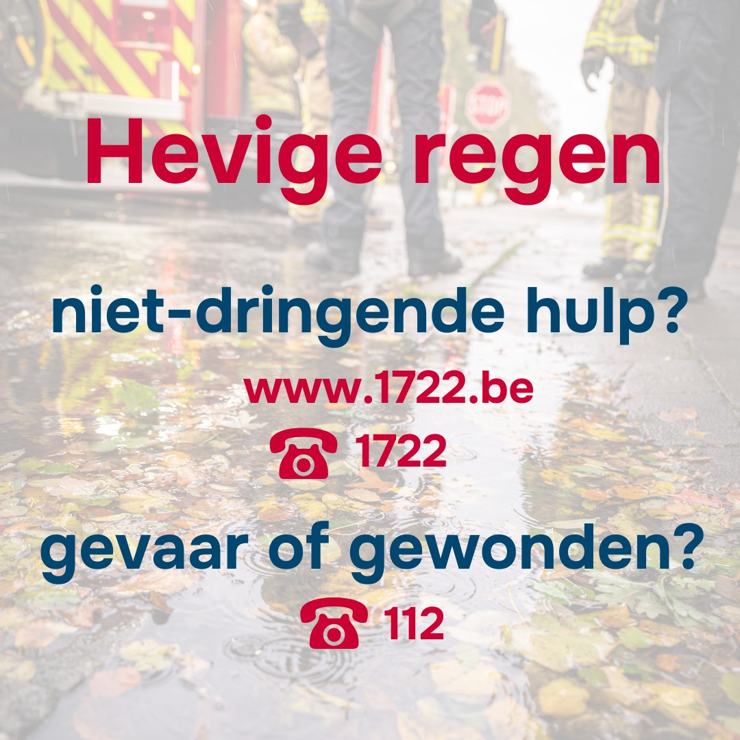 ⚠️ Vandaag is het code geel voor #regen. Heb je wateroverlast of zelfs stormschade? Meld het via 1722.be of bel naar 1722. Dan proberen we zo snel mogelijk te helpen. 

Bel 112 enkel bij levensgevaar!