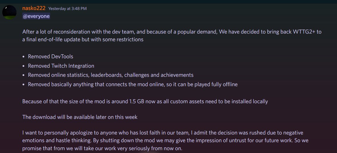 nasko222's tweet photo. I am making an update on Twitter too. 

The WTTG2+ mod is back up but is no longer associated with our Discord server, but rather it's been posted on the WTTG2+ website with no connection to the server, with an end-of-life final update.

https://t.co/BOuuHkUejA https://t.co/9RZk0YolZO