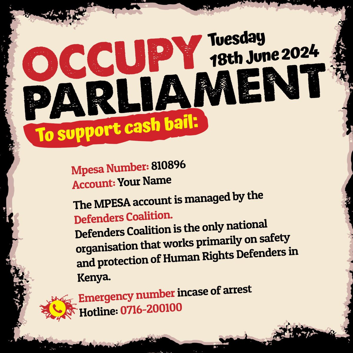 Dialmaterialist's tweet photo. The police have arrested dozens of people in today's #RejectFinanceBill2024 protests.

To support cash bail for them, here's where to send money: 
Mpesa Number: 810896
Account: Your Name

The MPESA account is managed by the Defenders Coalition @DefendersKE https://t.co/rrRDsy5qXz