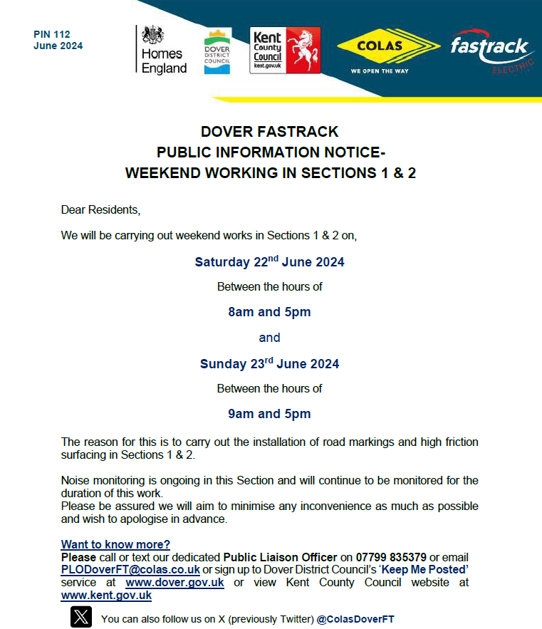 PIN 112 - Weekend working Sections 1 &amp; 2
<a href="/DoverDC/">Dover District Council</a> <a href="/Kent_cc/">Kent County Council</a> <a href="/KentHighways/">KCC Highways</a>