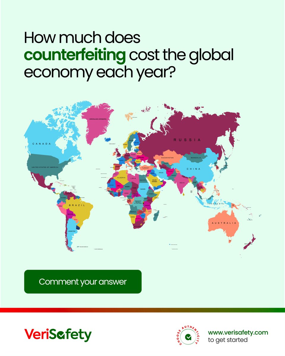 VeriSafety's tweet photo. How much does counterfeiting cost the global economy each year? A) $200 billion B) $600 billion C) $1.2 trillion. Comment your answer! 

#verisafety #authentic #stickers #protection https://t.co/Ooni4zQhPG