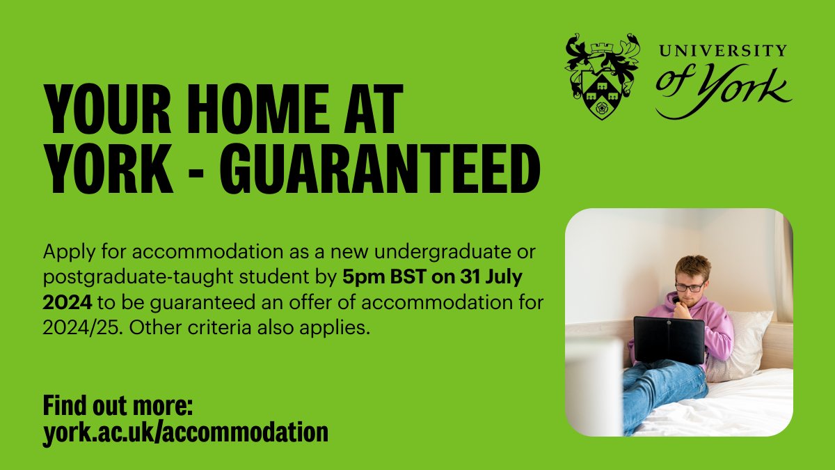 UniOfYork's tweet photo. Guarantee your room offer at York as a new undergraduate or postgraduate-taught student when you apply for accommodation by 5pm BST on 31 July 2024 and meet the criteria. Find out more, take a tour of our rooms and apply for accommodation on our website: https://t.co/UP3cwldZdD https://t.co/nKUIDA4Lus