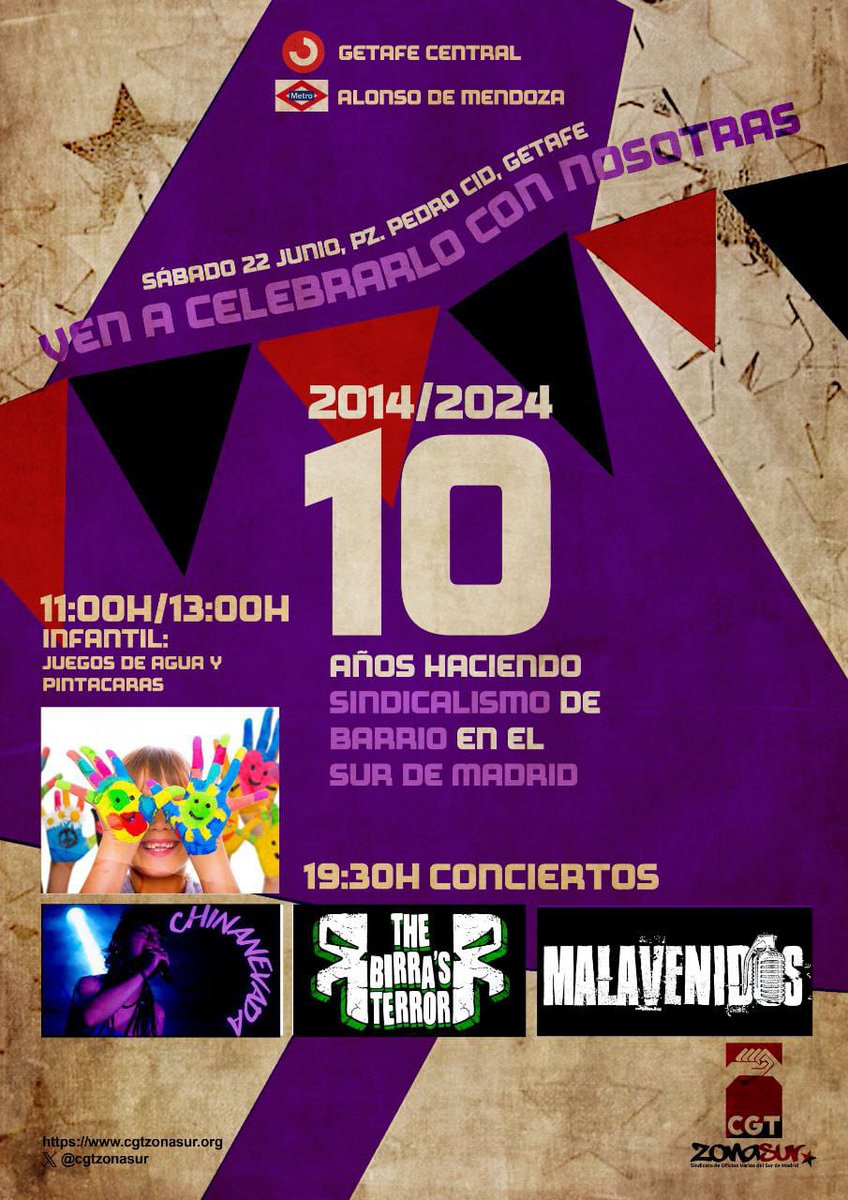 ANIVERSARIO | El próximo sábado celebramos 10 años haciendo #SindicalismoDeBarrio en el Sur de Madrid

🗓 22 J
📌 Pza. Pedro Cid #Getafe 
(antes Pza. Tirso de Molina)

🔟 años de #Anarcosindicalismo #Combativo y de #Clase en #MadridSur ⚧Ⓐ💜🖤

¡Ven a celebrarlo! ❤️🖤🔥