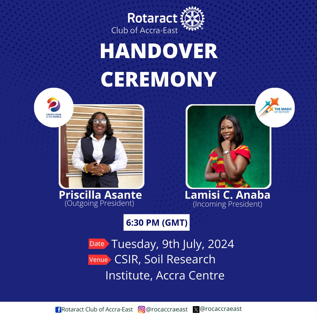 rocaccraeast's tweet photo. Another year, another opportunity to make history!
We are moving from Creating Hope in the World to bringing out the “Magic of Rotary”
Join us for the Handover Ceremony of the Rotaract Club of Accra-East.

#RotaractAccraEast #BeTheMagic #NewRotaryYear #StarClub https://t.co/UP0iuyhJeI