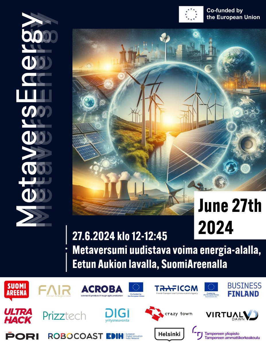 🌍 Metaversumi uudistava voima energia-alalla ⚡ 
27.6.2024 klo 12-12:45 
Eetun Aukion lava
Suomi Areenalla
 
Hackathon finalistit esittelevät ratkaisunsa energia-alalle. Tämän jälkeen MetaversEnergy -paneelikeskustelu!

Lue lisää: lnkd.in/e2VZ3Vhe

#hackathon #suomiareena