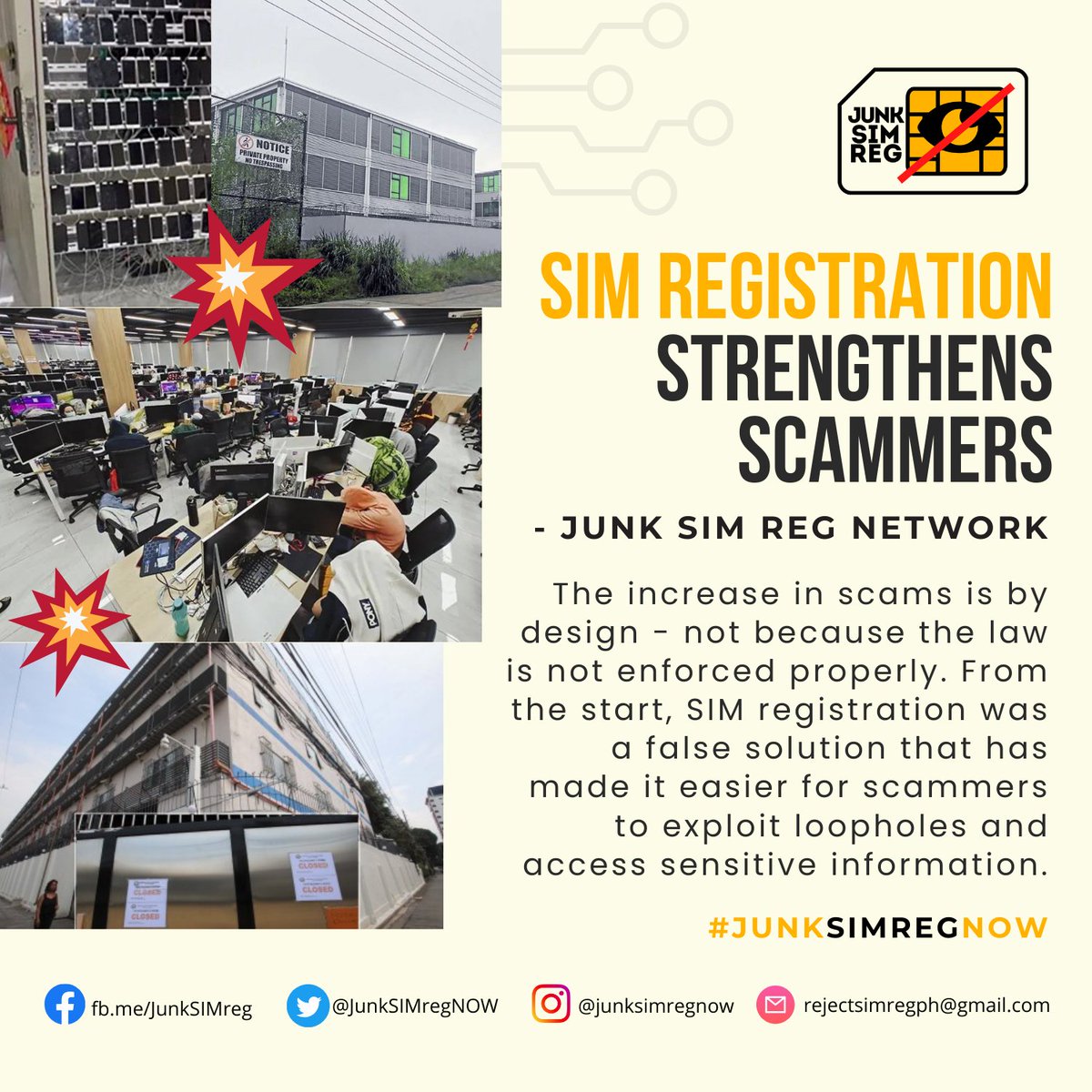 JunkSIMregNOW's tweet photo. SIM Registration Law Strengthens Scammers

The Junk SIM Registration Network, an alliance of digital experts &amp; consumers, slammed the National Telecommunications Commission for its failure to stop scams almost one year after the SIM Registration Law went into full implementation. https://t.co/aeW6JA2jrh