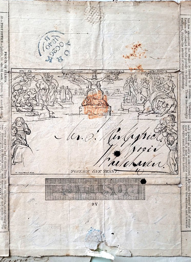 An example of a William Mulready letter sheet in the Terry's company archive today, postmarked 1840. Introduced as part of the British Post Office reforms on 1840, they proved much less popular than the 'Penny Black' stamp and were quickly abandoned.