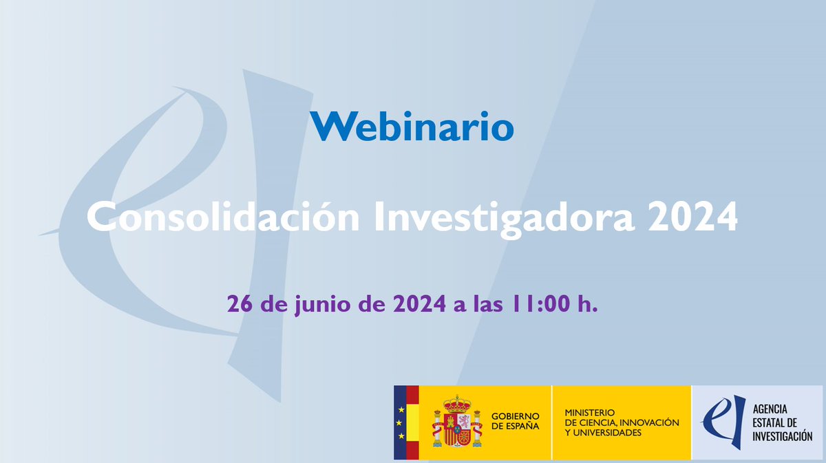 📢La @ageinves celebrará un webinario para presentar la convocatoria de ayudas para la Consolidación Investigadora 2024

📅26 de junio de 2024 a las 11:00 h. (Madrid)  

Participación 🔗us06web.zoom.us/j/85674849029 

Ficha de la convocatoria 🔗aei.gob.es/convocatorias/…

Más información