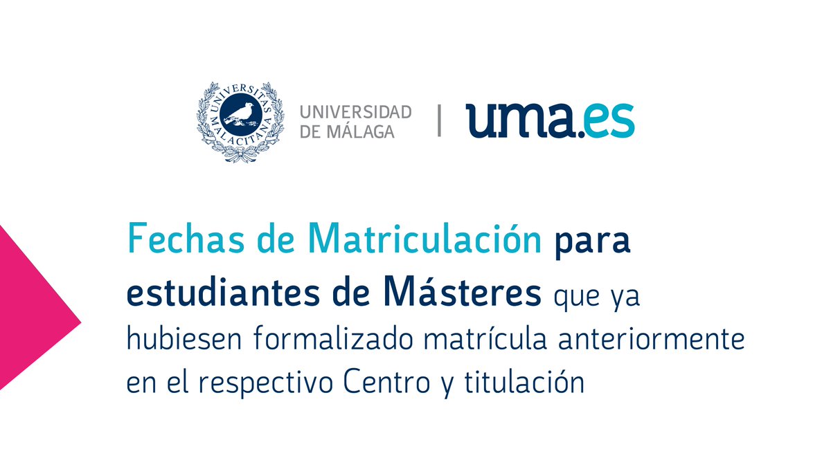 👉 Estas son las fechas de matriculación para estudiantes que continúan el próximo curso 2024/25 sus estudios de 𝗺𝗮́𝘀𝘁𝗲𝗿𝗲𝘀 𝗼𝗳𝗶𝗰𝗶𝗮𝗹𝗲𝘀 en la Universidad de Málaga.

⭐️ Consúltalas aquí: instagram.com/p/C8WpJTjAq-V/