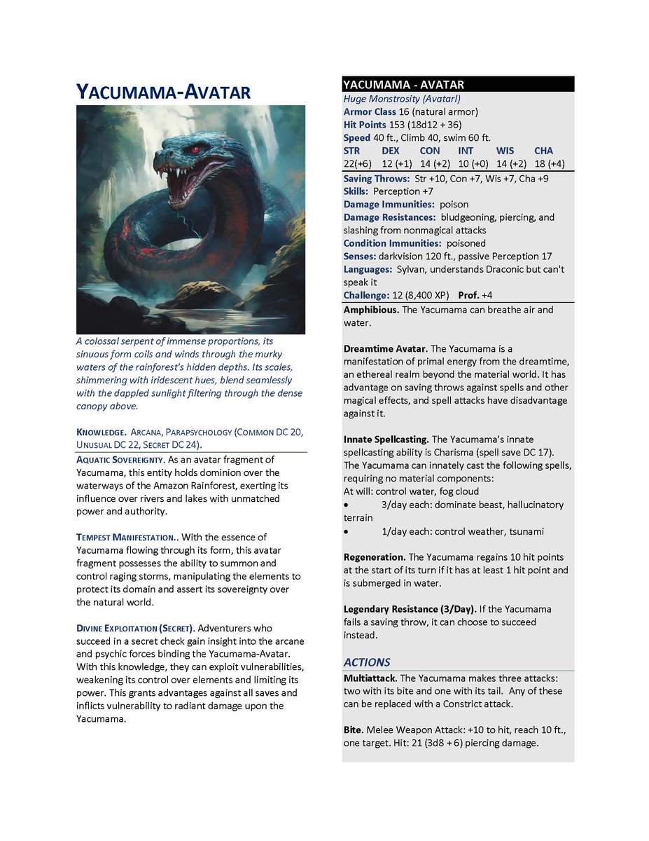 drevrpg's tweet photo. and we end the monster section with a electric snake avatar.  up next, my npc stat blocks, but now that I've gone through my monsters, what are the ones you like and intend to use? #hodgepocalypse #drevrpg #monster #statblock #apocalypse #dnd5e https://t.co/sEfTjWdZX9