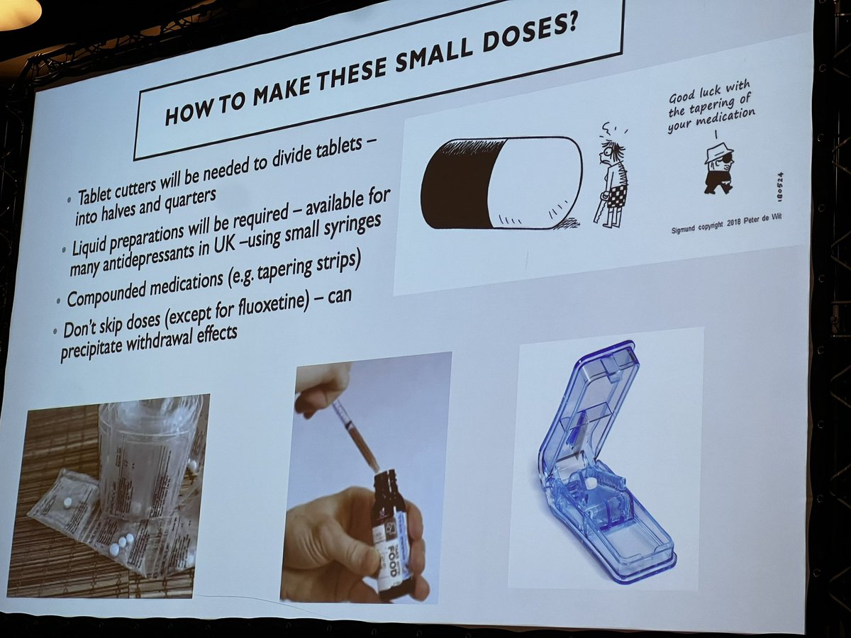 DrEvgenyLegedin's tweet photo. Prof Taylor from King's College London recommends that antidepressants are regularly reviewed and, if no longer necessary, tapered in a manner proportional to their current dose (so that reductions get smaller and smaller in size as the total dose gets smaller).
#RCPSychIC 2024 https://t.co/3XL5ZXF4GK