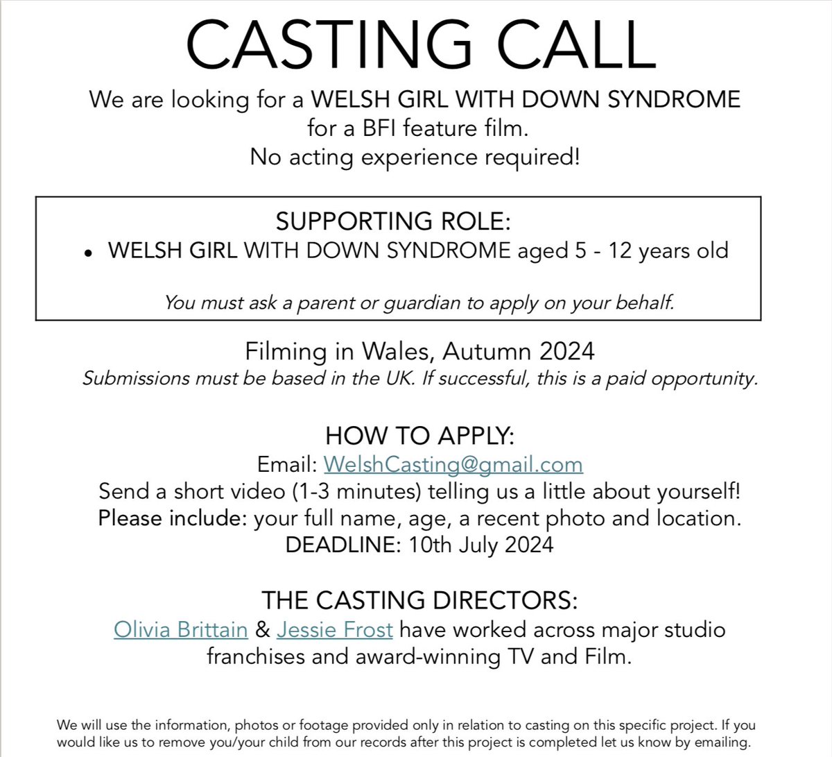 CASTING CALL! 🎥Looking for WELSH GIRL WITH DOWN SYNDROME AGED 5-12 for a BFI funded feature film shooting Autumn 2024. Parents / guardians please apply by emailing details to [welsh casting @ gmail . com]. ✨