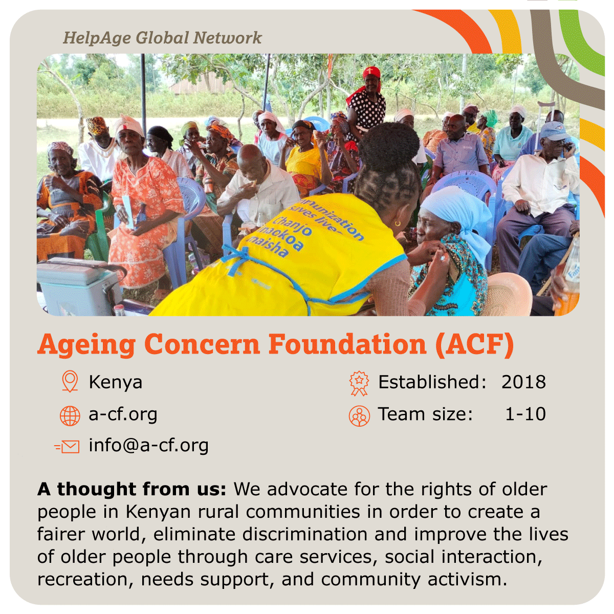 HelpAge's tweet photo. 🌍 Discover #HelpAgeNetwork member: AgeingAcf, Kenya 🇰🇪
They are strengthening the livelihoods and resilience of #OlderPeople.
Learn more: https://t.co/gVHsEE7Ez5
Follow us for more #HelpAgeNetwork cards and collect them all!
#partnerships https://t.co/GcpG6x8Nq9