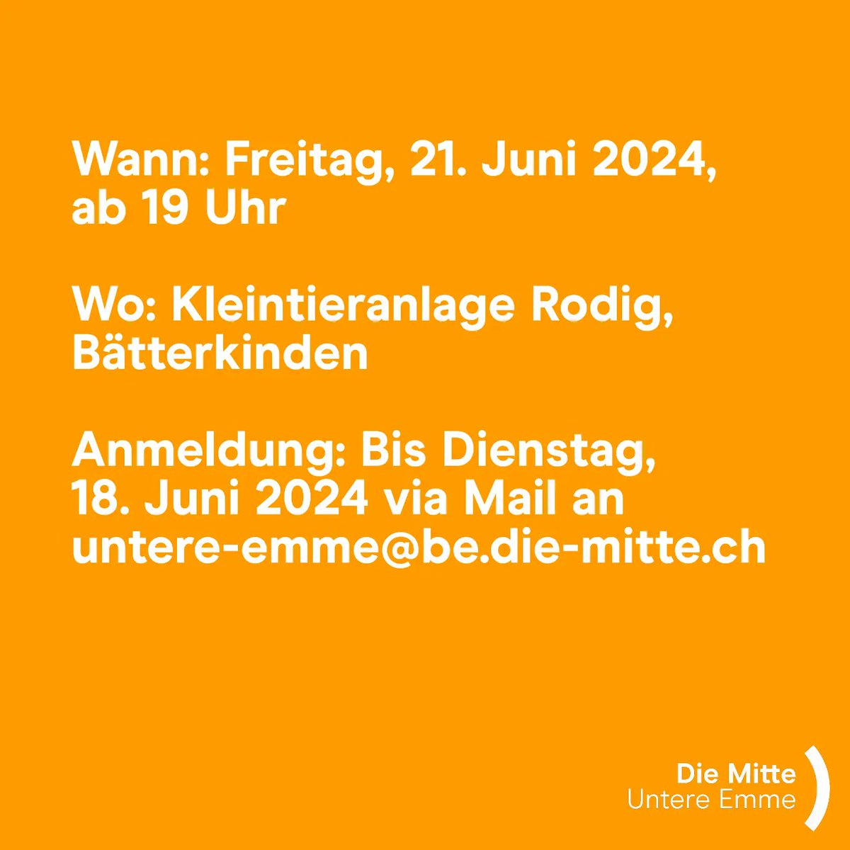 Diesen Freitag findet unser traditionelles Mitte-Bräteln statt! 🤩 Wir treffen uns am Freitag, 21. Juni ab 18 Uhr (im Bild steht fälschlicherweise 19 Uhr) in der Kleintieranlage Rodig in #Bätterkinden. Wir freuen uns auf euch! #DieMitte #UntereEmme