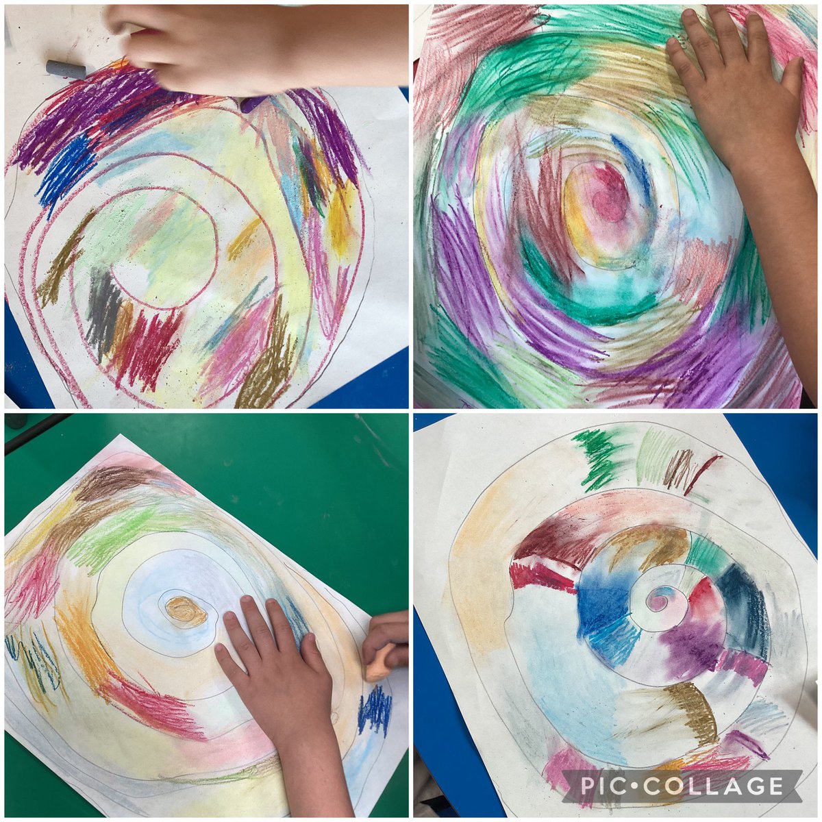 OWPSwombats's tweet photo. Today in art we have been creating mixed media spirals using a variety of media and techniques including smudging. #owpsart https://t.co/XhzGIo6ij7