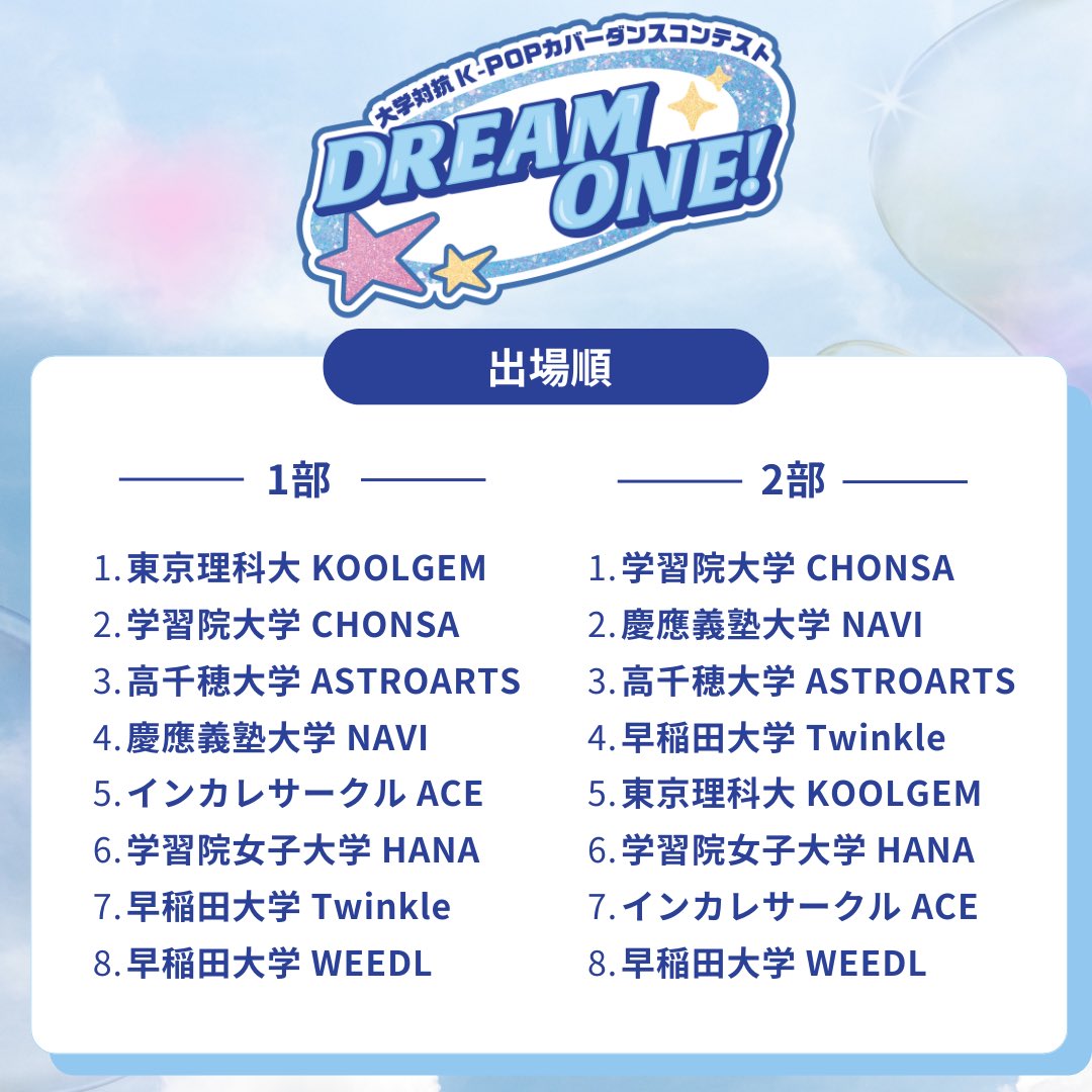 DreamOne_Kpop's tweet image. 【出演順決定】

本日、説明会のくじ引きにて、
当日の出演順が決定いたしました👏

当日は盛り上がっていきましょう！！

＃大学対抗 #dreamone #kpop #kpopカバーダンス #kpopダンスカバー #kpopdance