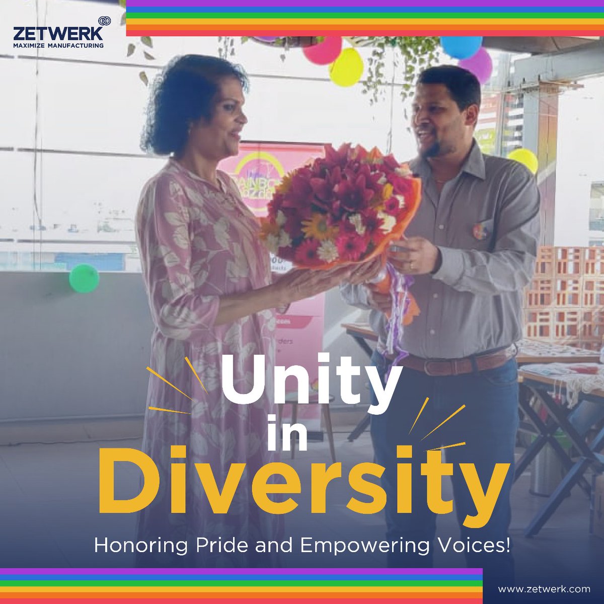 zetwerk's tweet photo. Pride at Zetwerk: 3 Years of Rainbow Market & Inspiring Conversations! π
Reflecting on our journey towards an inclusive workplace. Thanks to #PrideCircle & inspiring chats with Nayana Udupi & Divya Darshan (DD). Our journey continues! #PrideMonth #Diversity #ZetwerkPride https://t.co/CEBpjSIjJh