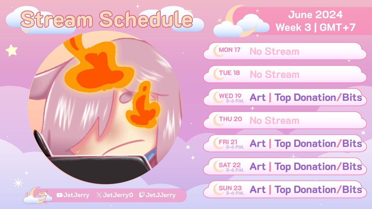 JetJerry0's tweet image. ตารางสตรีม สัปดาห์ที่ 17 - 23 มิ.ย. 2567 ค่ะ
เคลียงานกันค้าบ แล้วเจอกัน!🐰💖

Stream's schedule: week of 17 - 23 June 2024
Continue working on the Top Donate/Bits event. See you soon!🐰💖
#JetJJerry