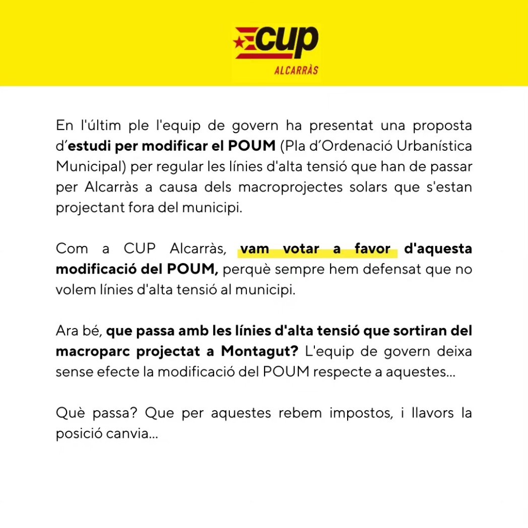 AlcarrasCup's tweet photo. 📣 L'equip de govern ha presentat una moció en contra de les línies d'alta tensió que han de passar per Alcarràs ✅ Nosaltres vam votar a favor d'aquesta modificació del POUM

🔴 Ara bé, l'equip de govern deixa sense efecte les liníes del parc de Montagut ‼️

Així no! 💼⬇️ https://t.co/CVMw7sRoTK
