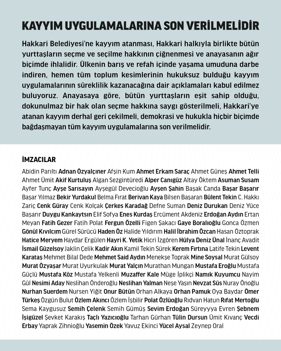 115 sanatçı, yazar ve aydından darbeye tepki: Kayyım uygulamasına son verin:
demparti.org.tr/tr/115-sanatci…