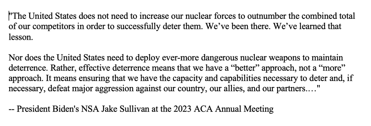 DarylGKimball's tweet photo. No one wins an nuclear arms race folks. The contrast from the fmr. Trump and current Biden national security advisors presents a very stark choice between the 2024 presidential candidates about how they propose to deal with the United States' nuclear adversaries. 2/2 https://t.co/8RhVxf2M9m