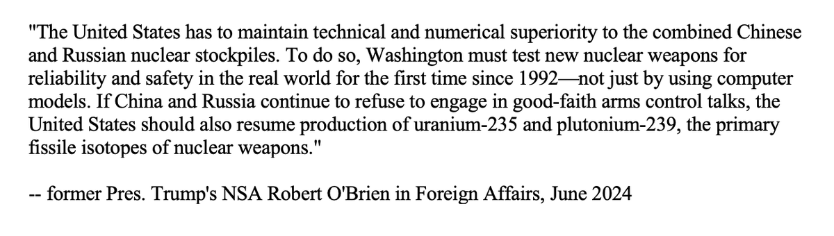 DarylGKimball's tweet photo. No one wins an nuclear arms race folks. The contrast from the fmr. Trump and current Biden national security advisors presents a very stark choice between the 2024 presidential candidates about how they propose to deal with the United States' nuclear adversaries. 2/2 https://t.co/8RhVxf2M9m