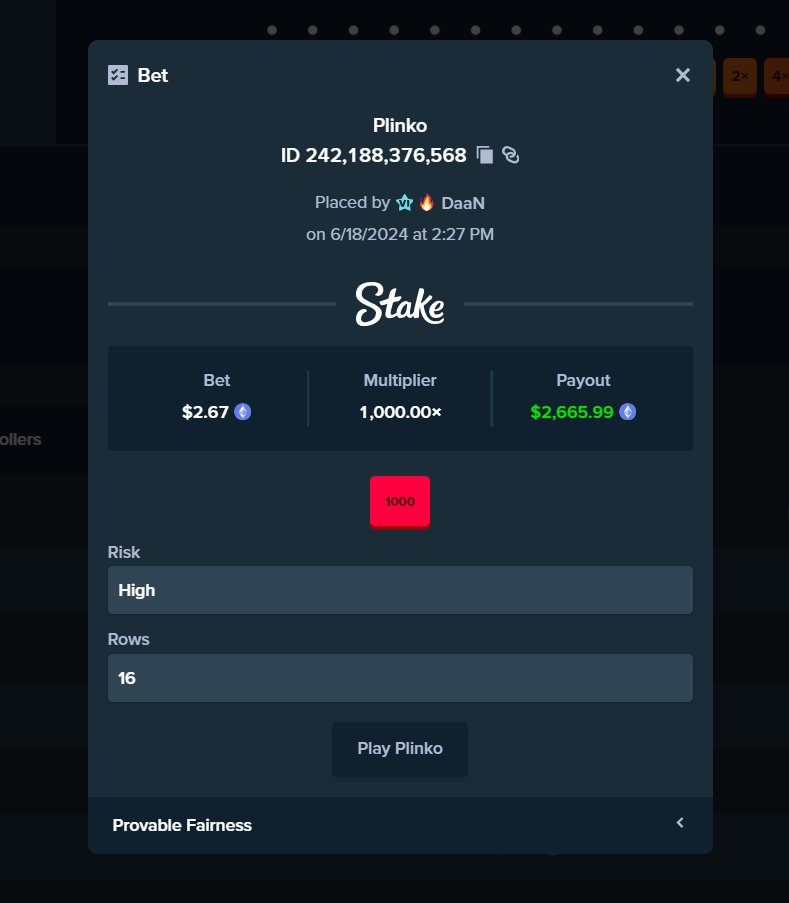 Just hit a 1000x on <a href="/Stake/">Stake.com</a> Plinko in a few balls from $12 in rakeback... 😶

Drop Stake usernames, I'll be tipping a few people out 💰