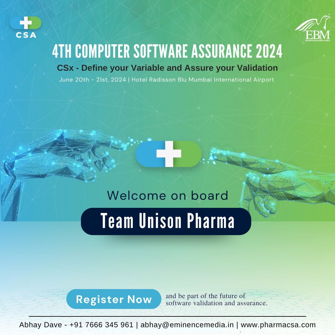 eminence_group9's tweet image. Welcome on board team Unison Pharmaceutical for the 4th Computer Software Assurance 2024 scheduled for June 20th-21st, 2024. 
Register today - lnkd.in/dx8FktNu
#ebmcsa2024 #computersoftwareassurance 
#eminencebusinessmedia
#eminencegroupventures