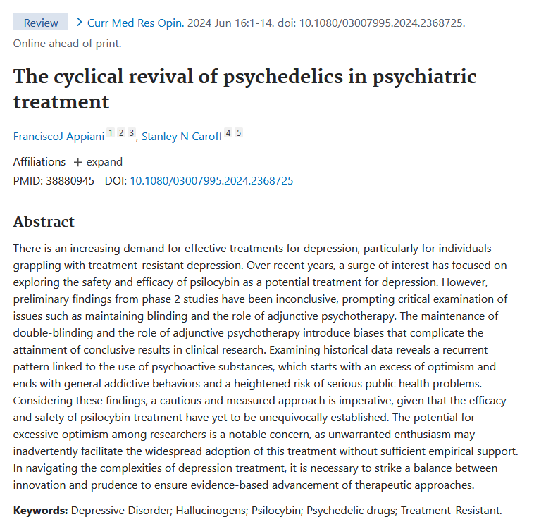 Neuro_Skeptic's tweet photo. Psychedelics and depression: "The potential for excessive optimism among researchers is a notable concern" https://t.co/y0mFxjzFN9 https://t.co/tKRcTjUvfA