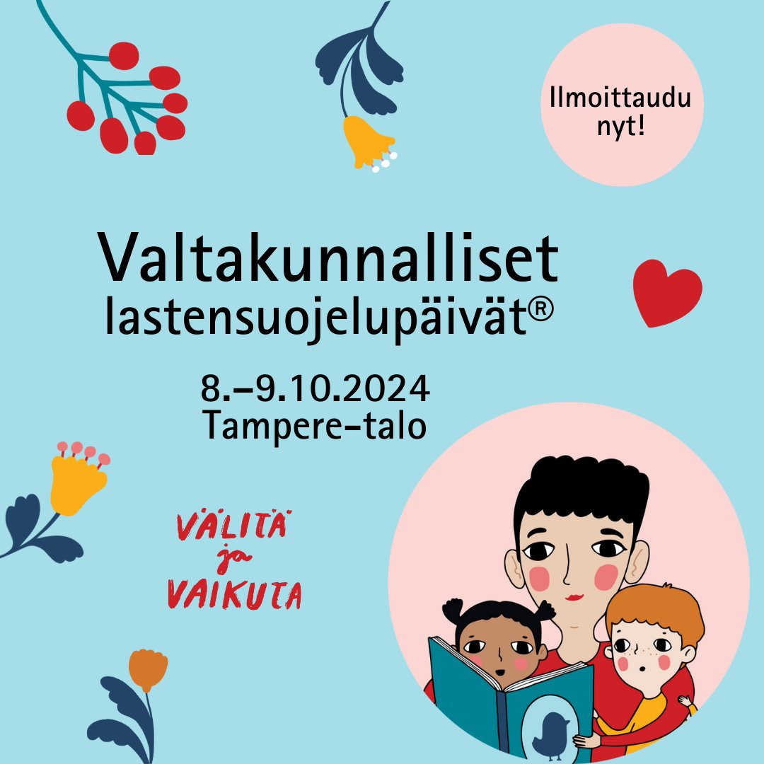 Tervetuloa Valtakunnallisille lastensuojelupäiville® 8.–9.10.2024 Tampere-talolle! 🌟 Tämän vuoden teemana on #lastensuojelu:n vaikuttavuus. 

Vielä 28.6. asti voit ostaa edullisemman early bird -lipun, minkä jälkeen hinta on korkeampi. 🐥

Tule mukaan: lastensuojelupaivat.fi