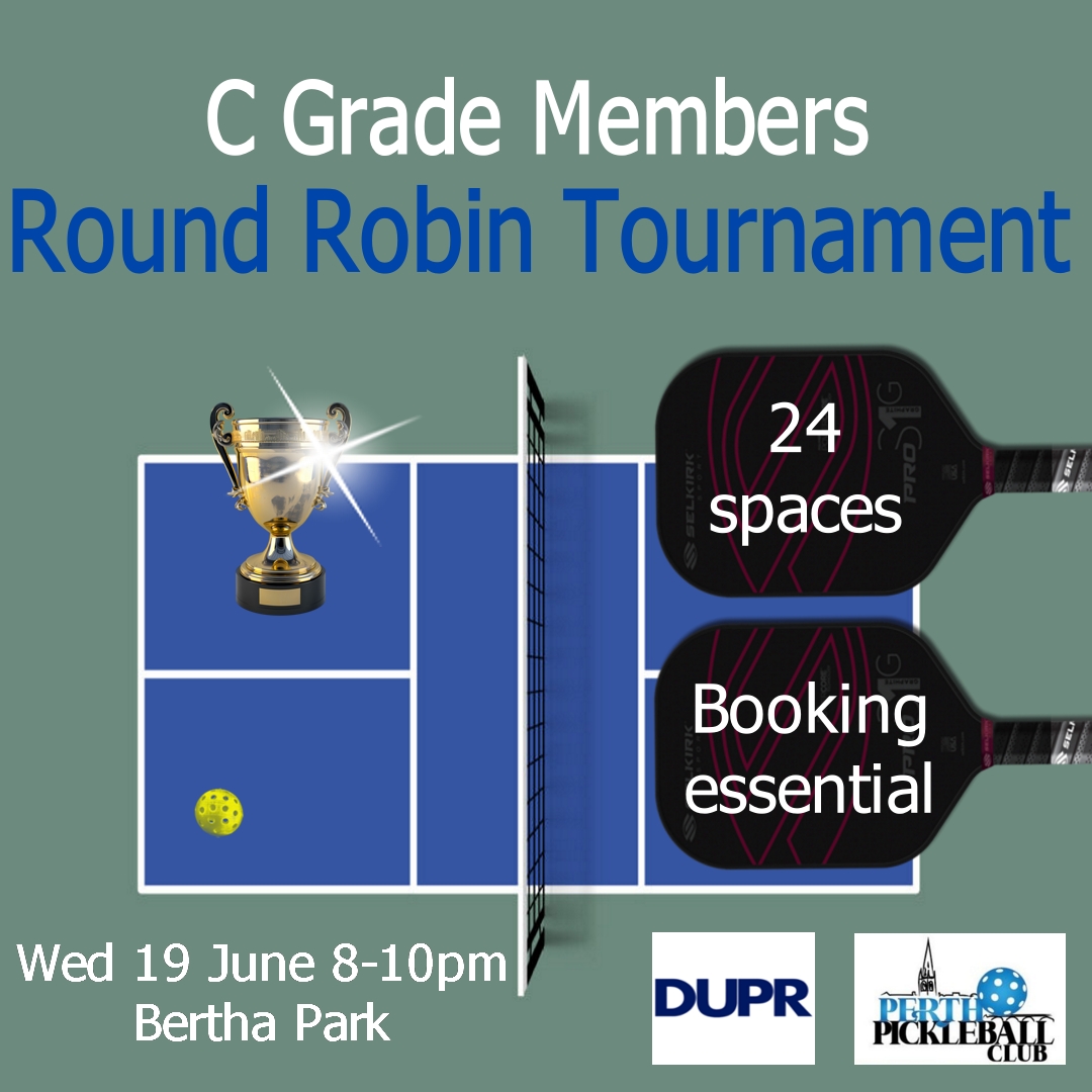 PerthPickleball's tweet photo. Just a couple of spaces left for our C Grade Round Robin on Wednesday evening - members can book via the website or App.
We're looking forward to a great night of fun competition https://t.co/pwfS1Cbohn