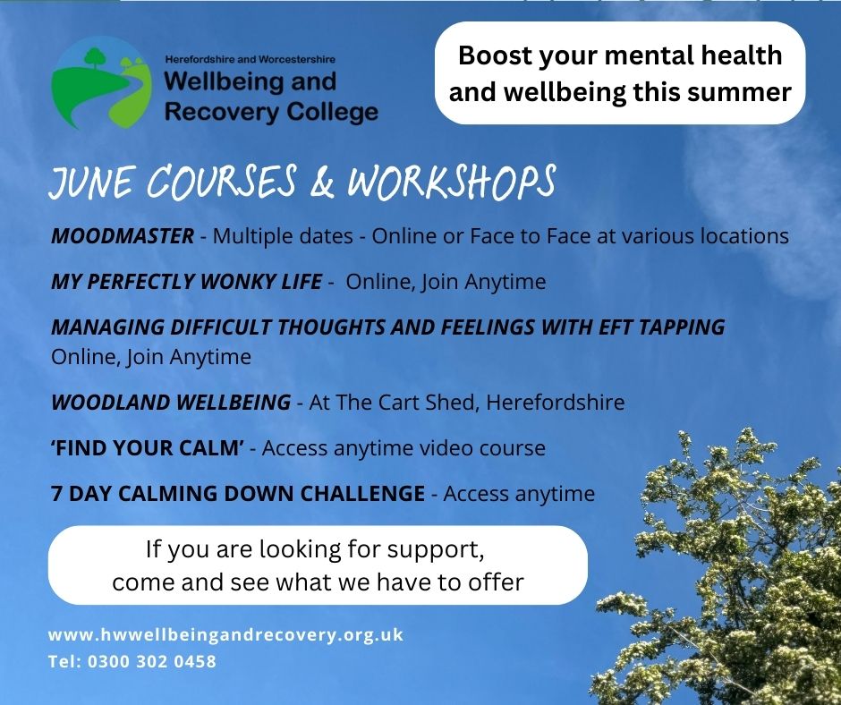 We offer a range of courses &amp; workshops to provide support for those struggling with their Mental Health and in need of a wellbeing boost this summer
Join us on the Herefordshire &amp; Worcestershire Wellbeing and Recovery College to see what we have on offer: hwwellbeingandrecoverycollege.org.uk