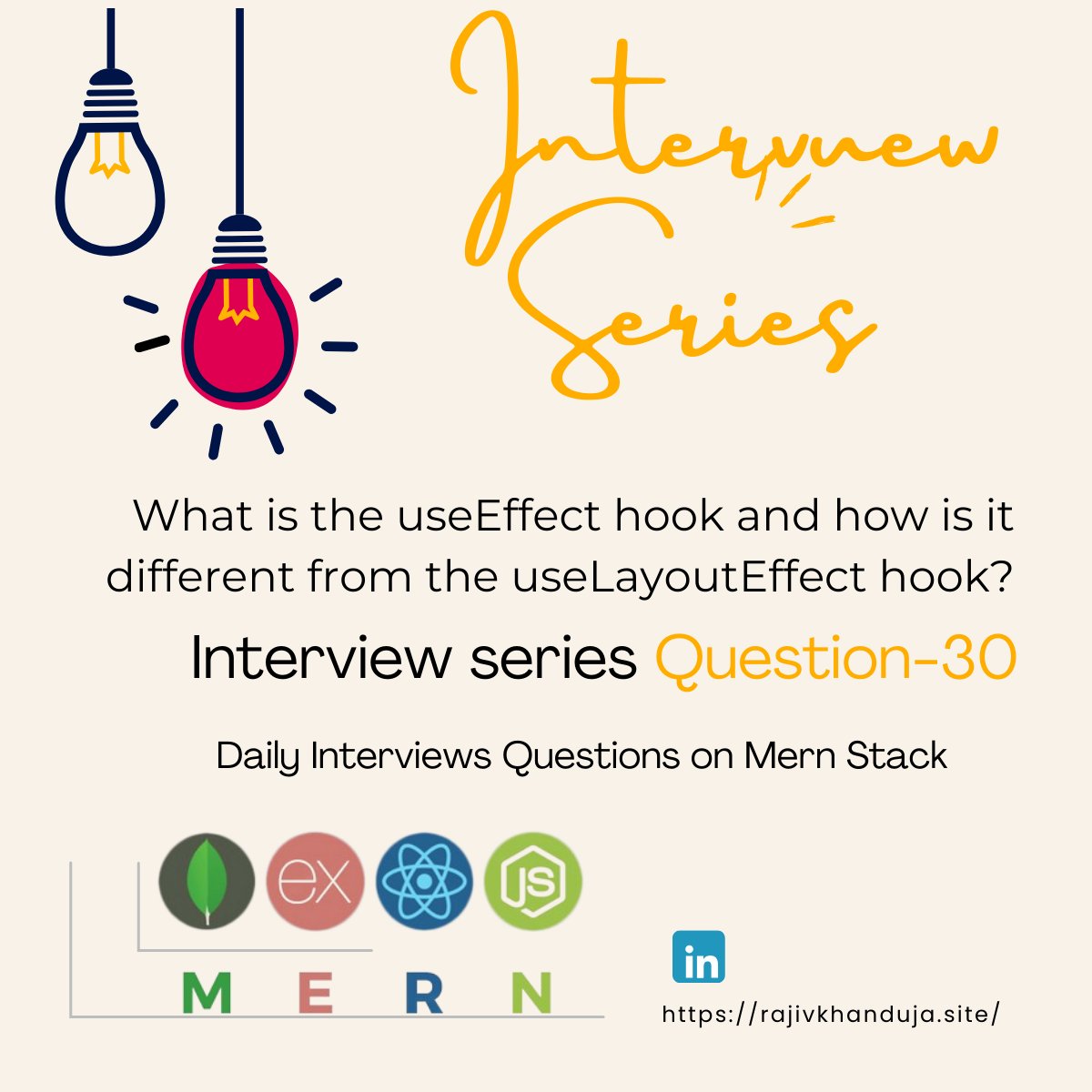 mern_stackdev's tweet image. 🎤 Interview Series Q30: useEffect vs. useLayoutEffect: Untangle the distinctions between useEffect and useLayoutEffect hooks in React and their unique impacts on application behavior. Learn more: linkedin.com/in/rajiv-khand… #React #Hooks #WebDevelopment