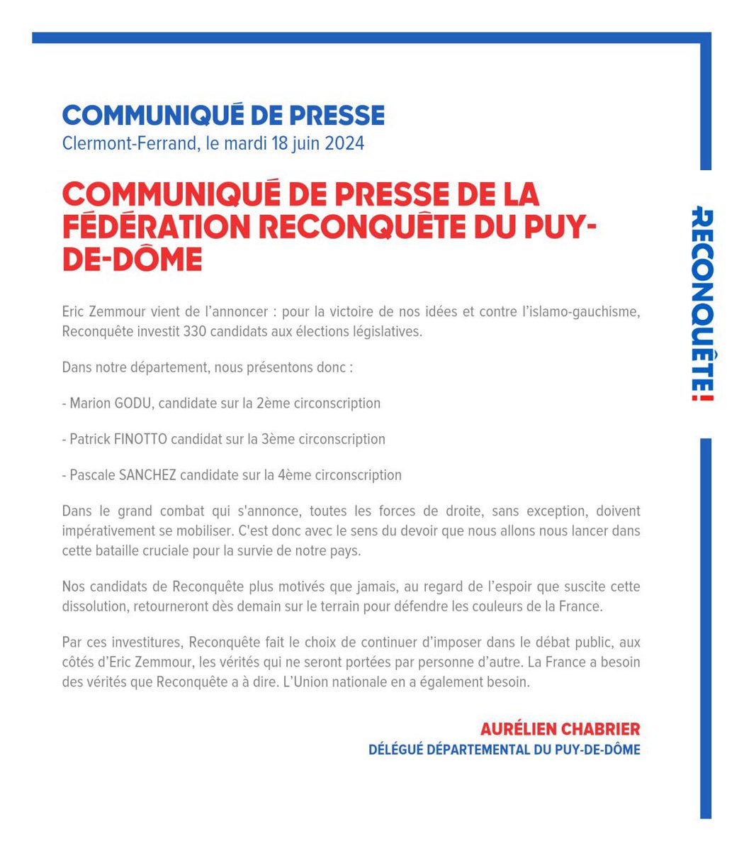 Communiqué de presse Reconquête Puy-de-Dôme.