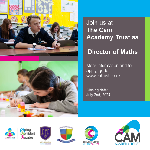 CamAcademyTrust's tweet photo. Are you passionate about maths? Do you want to help shape how we teach it to thousands of children across South Cambs and Huntingdon. If the answer is yes - apply for our new Director of Maths role at https://t.co/78b49HEJ5c https://t.co/euHFcC8q8l