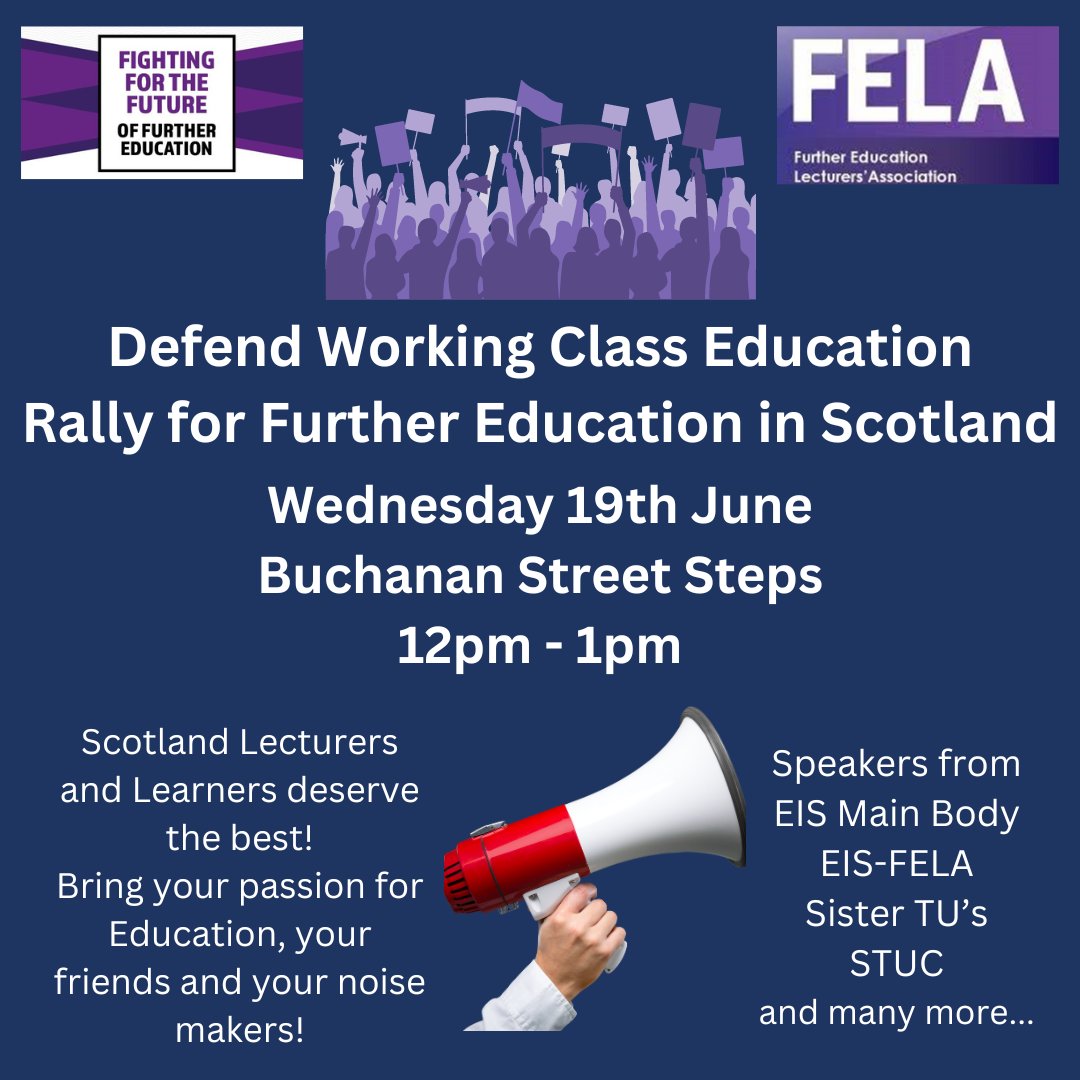 Join EIS FELA lecturers tomorrow in Glasgow as we rally for the future of further education. 

Speakers to include Anne-Marie Harley (EIS-FELA), Allan Crosbie (EIS), Roz Foyer (STUC), Gordon Martin (RMT) and many more.

More details: 
eis.org.uk/fela/rally-for…