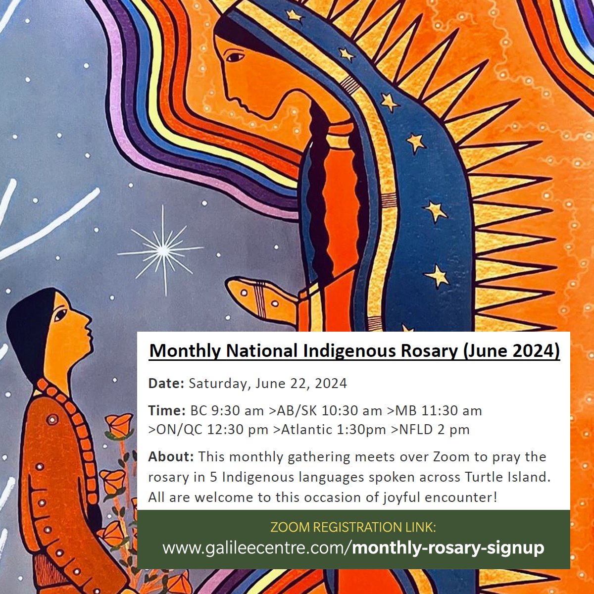 On Saturday, June 22 at 12:30 p.m. (Eastern Time) all are welcome to join an online gathering to pray the rosary in five Indigenous languages spoken across Turtle Island. Please register at  galileecentre.com/monthly-rosary…