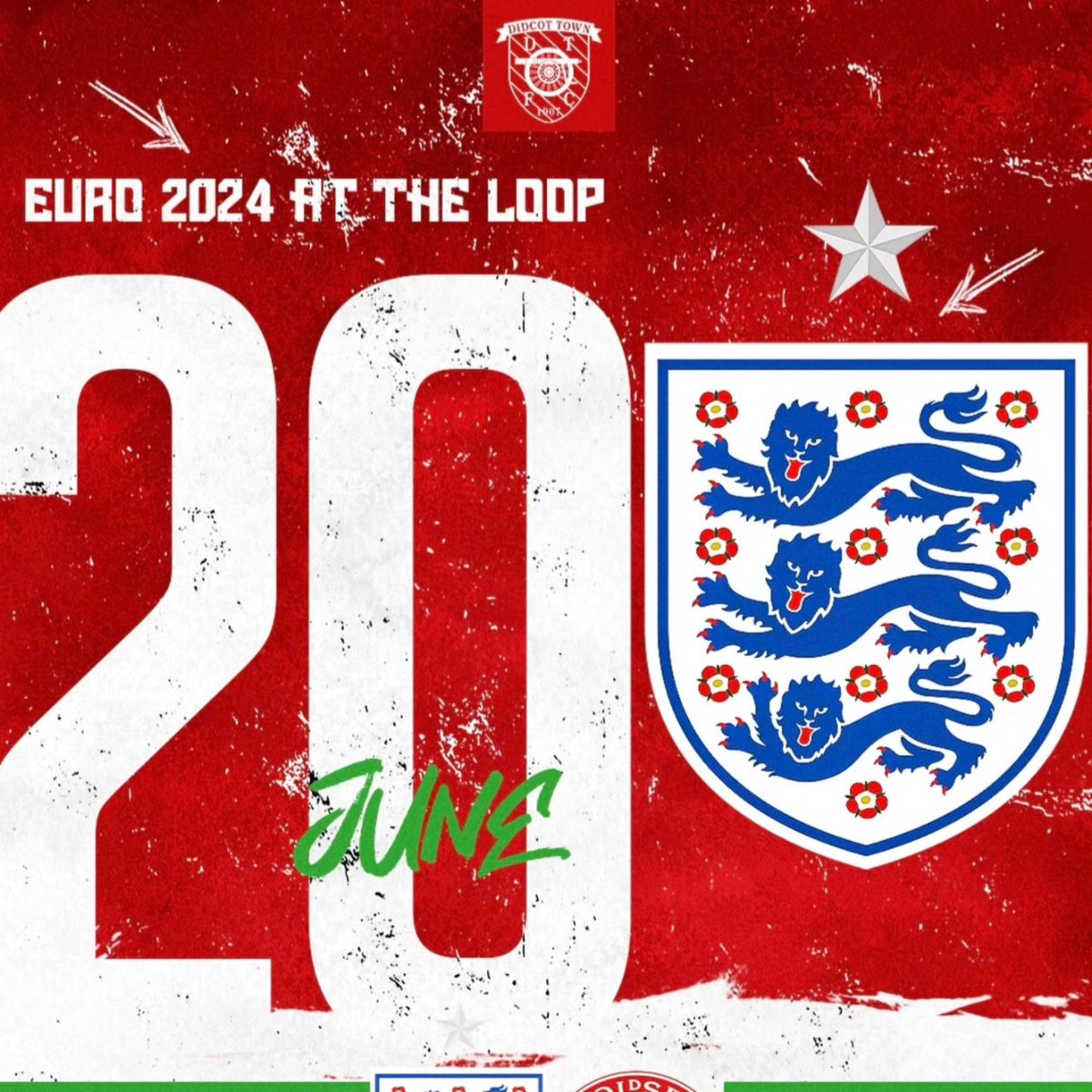 Come down to Didcot Town Football Club and watch England in their next group game of the European Championships. 

England face Denmark on Thursday night with a 5pm kick-off. 

The bar will be open from 2pm.