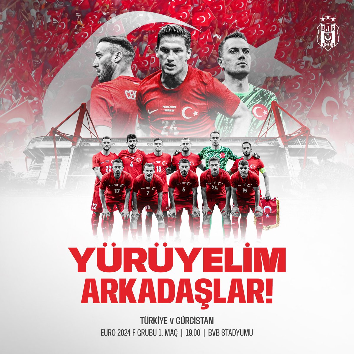 Yürüyelim Arkadaşlar! 🇹🇷

#EURO2024 Avrupa Futbol Şampiyonası ilk maçında Gürcistan karşısında A Milli Takımımıza başarılar diliyoruz. 

Size inanıyoruz, güveniyoruz. 💪

#BizimÇocuklar