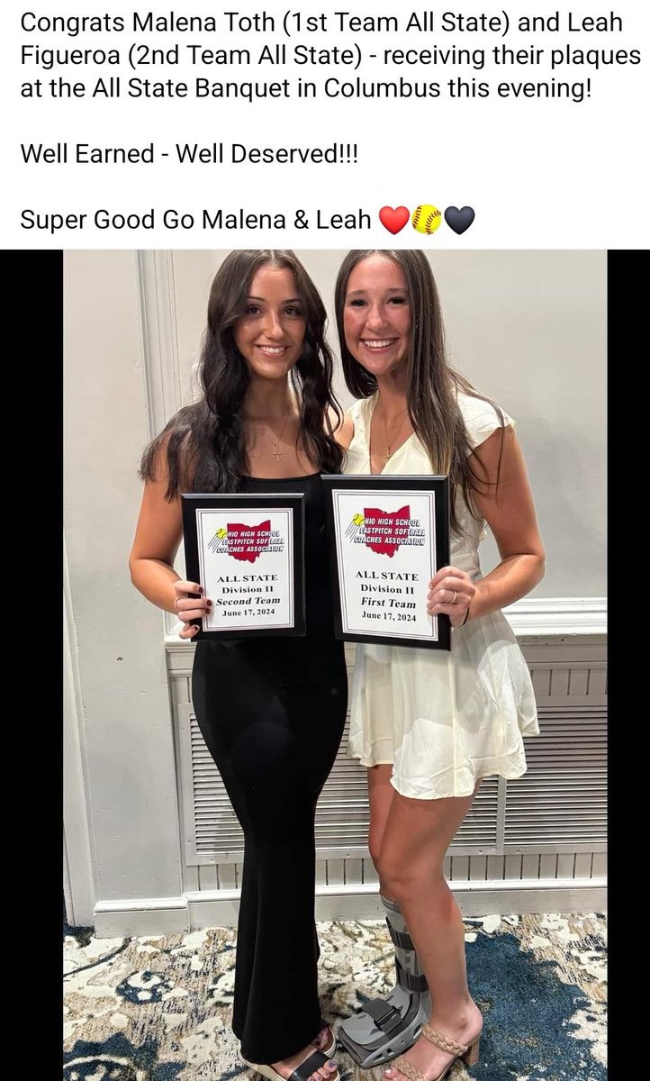 Congrats Malena Toth (1st Team All State) and Leah Figueroa (2nd Team All State) - receiving their plaques at the All State Banquet in Columbus.