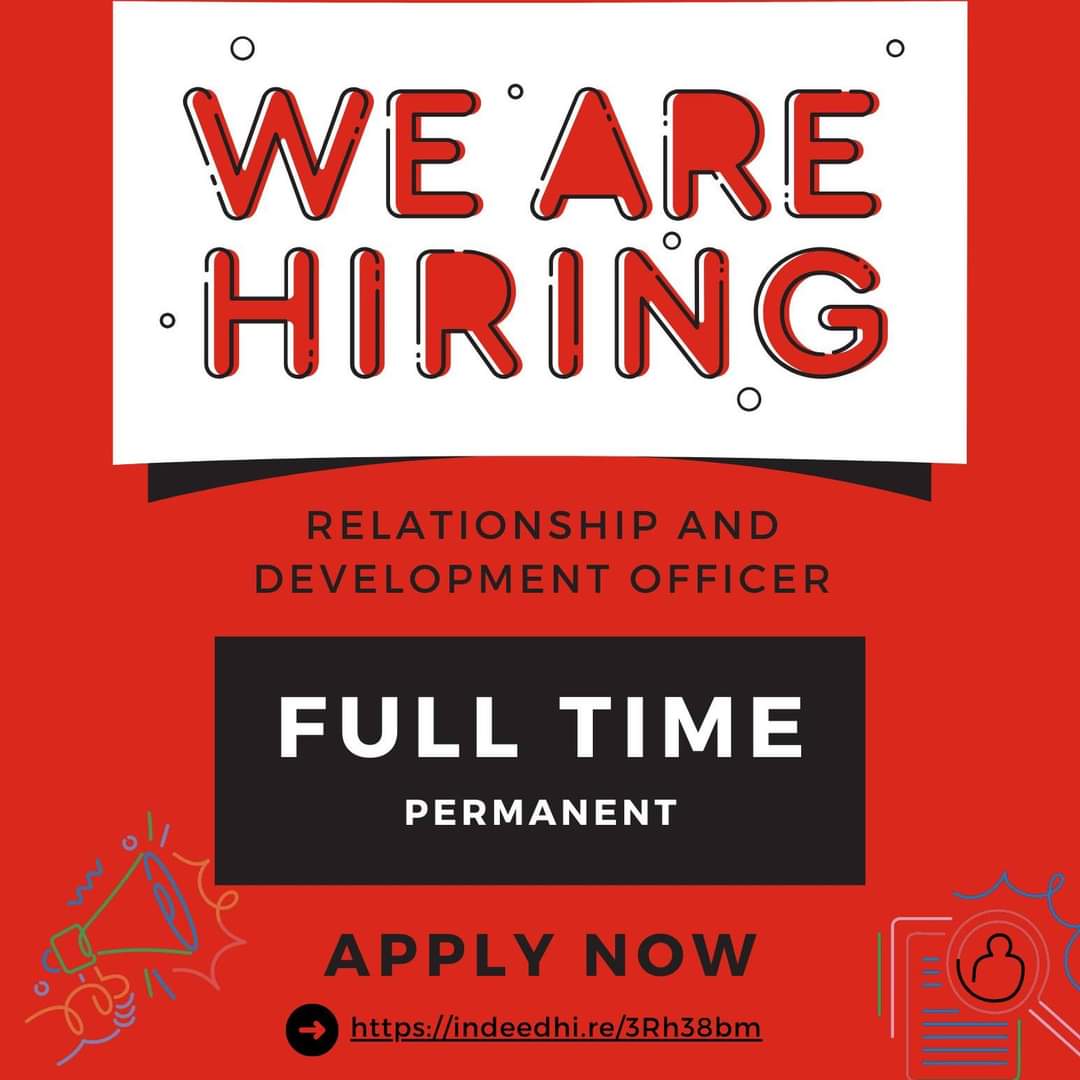 We're Hiring! A Relationship and Development Officer. This is a full-time permanent position. Applications close June 27th. See full job ad and description bit.ly/3XoXXKl