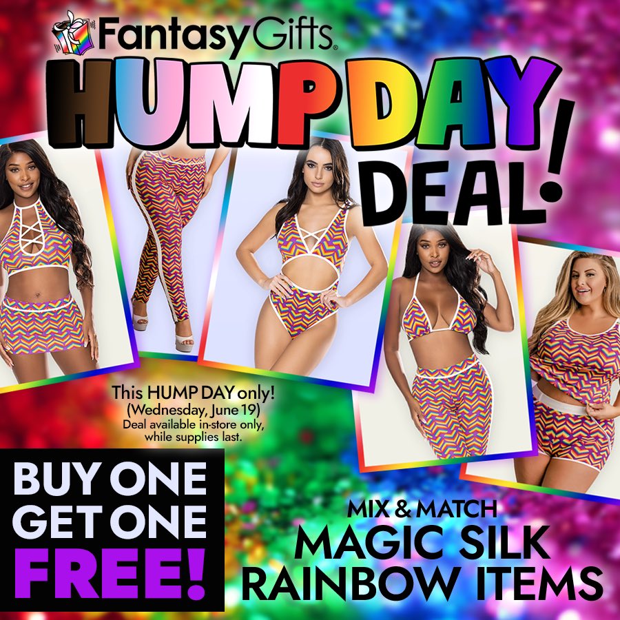 fantasygifts's tweet image. This Hump Day buy one Magic Silk Rainbow Item, get the second one FREE!
Deal only offered on Wednesday, June 19th, available in-store only, while supplies last.
#shoplocal #familybusiness #fantasygifts #fantasygiftsminnesota #womanowned #lingerie #pride