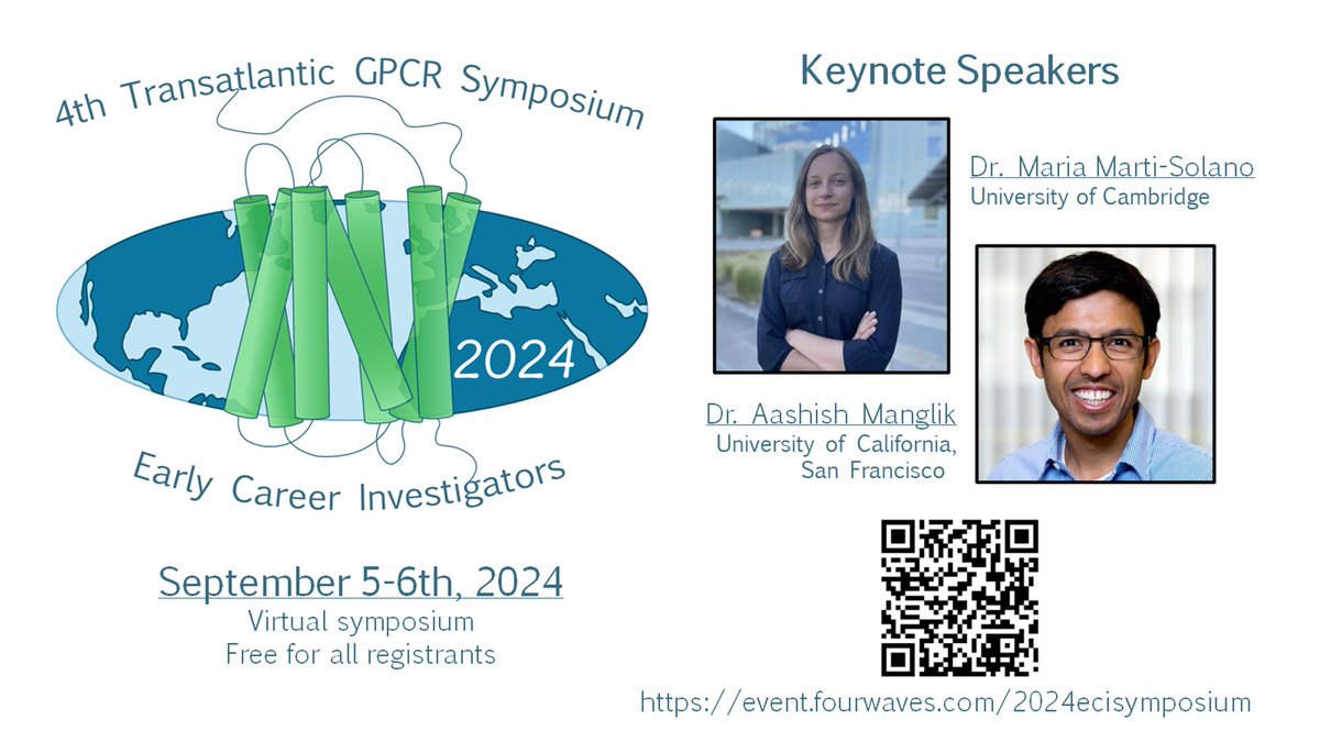 📢#GPCR ECIs, mark your calendar for the next Transatlantic GPCR Symposium! 
The event will happen on September 5-6th, 2024 and the registration is already open. 
The event will host two excellent keynote speakers, Dr. Maria Marti-Solao and Dr. Aashish Manglik.
So, don't miss it!
