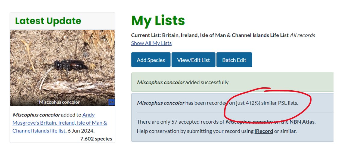PSListing's tweet image. Nice new feature on @PSListing. When you add a new species, you now get info on how many other people have recorded it on similar lists