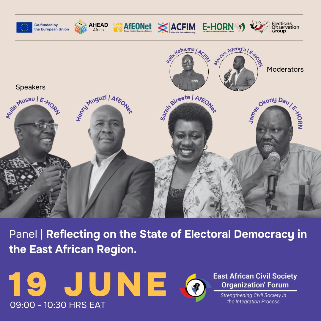 <a href="/ehorn_/">East and Horn Of Africa Observation Network</a> will be part of a panel discussion on the current state of electoral democracy in the East African region moderated by <a href="/AfeONET/">AfEONet</a>. Expect insightful reflections and meaningful dialogue from experts in the field. #EACSOFSUMMIT2024