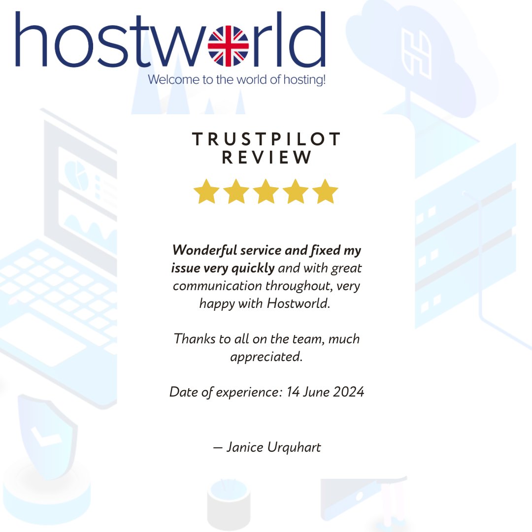 Rated 4.7 'Excellent' on Trustpilot ⭐️⭐️⭐️⭐️⭐️
Here at <a href="/hostworlduk/">hostworld</a>  we pride ourselves in our high quality customer service and technical support.
Thanks to Janice for our latest 5* review!
uk.trustpilot.com/review/hostwor…