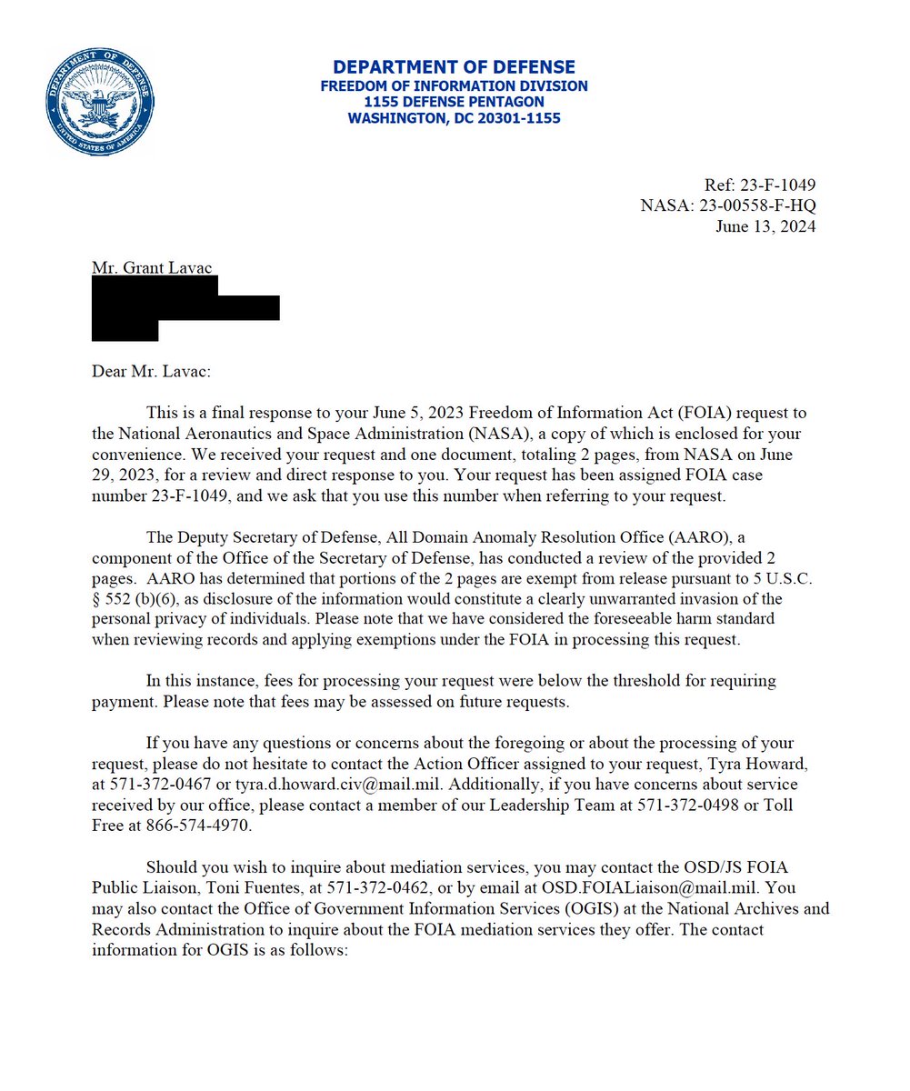 GrantLavac's tweet image. 🚨 BREAKING FOIA RELEASE 🚨
AARO’s Five Eyes forum on UAP that was led by former AARO Director, Dr. Sean Kirkpatrick in May 2023 was officially called the “FVEY Inaugural UAP Caucus Working Group”.

Today I received a copy of the meeting agenda through FOIA.

The inaugural…